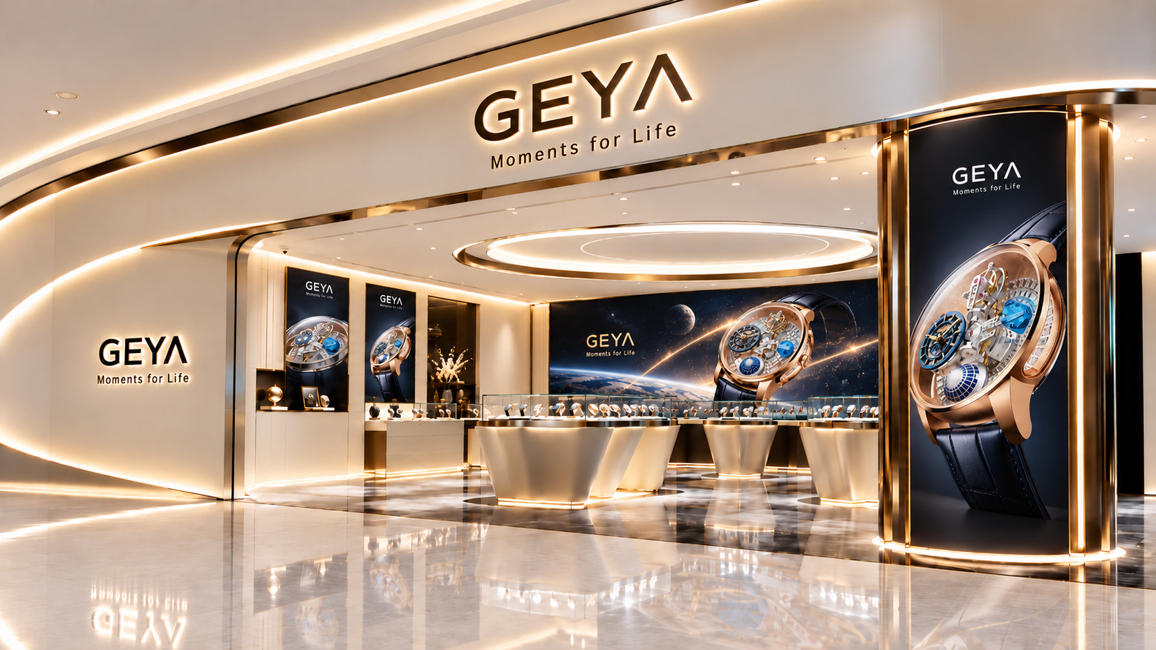 GEYA boutique interior with illuminated watch displays